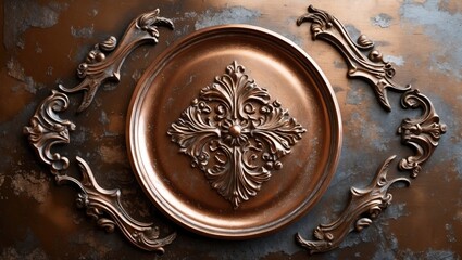 Poster - Copper decorative elements featuring an ornate plate and intricate embellishments on a textured background