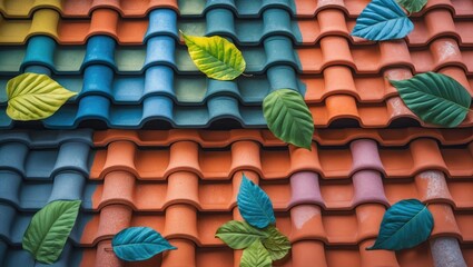 Poster - Vibrant ceramic roof tiles adorned with colorful leaves showcasing a harmonious blend of colors and textures in urban architecture.