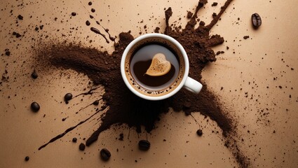 Aufkleber - Coffee cup surrounded by splattered ground coffee and coffee beans on a textured brown background ideal for beverage advertising and design.