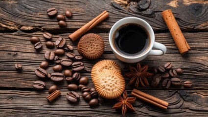 Aufkleber - Coffee lifestyle arrangement featuring black coffee, cookies, cinnamon sticks, and coffee beans on rustic wooden background.