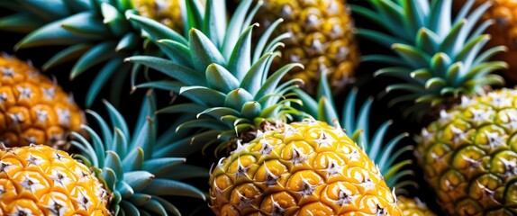 Aufkleber - Fresh ripe pineapples stacked together showcasing vibrant colors and intricate textures of the fruit and foliage.