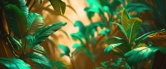 Aufkleber - Lush tropical foliage textures with vibrant green leaves illuminated by soft light in a serene natural setting in the Philippines.