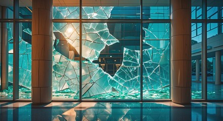 Poster - modern architectural interior featuring large cracked glass panels with reflections in a commercial 