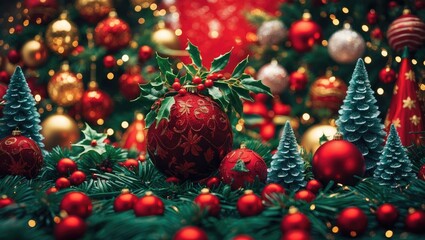 Aufkleber - Festive Christmas decorations with vibrant ornaments and pine trees creating a warm holiday atmosphere filled with joy and celebration.