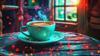 Aufkleber - Cozy coffee cup with steam on a rustic wooden table illuminated by soft light in a warm, inviting atmosphere