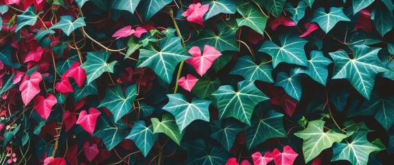 Aufkleber - Vibrant closeup of English ivy leaves displaying a mix of green and pink hues in a lush natural setting.