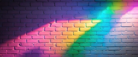 Poster - Colorful light shadows on a textured white brick wall creating a vibrant rainbow effect