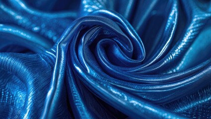 Poster - Blue synthetic fabric texture with glossy finish showcasing intricate folds and reflections ideal for fashion and design backgrounds.