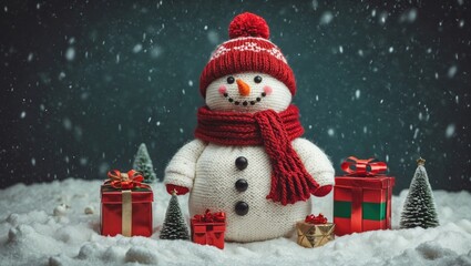 Poster - Knitted snowman surrounded by decorative Christmas gifts in a vintage snowy setting perfect for holiday themed visuals.