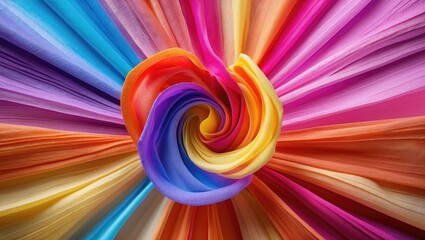 Poster - Colorful fabric swirl with concentric layers of vibrant chiffon material in various shades creating a dynamic visual pattern.