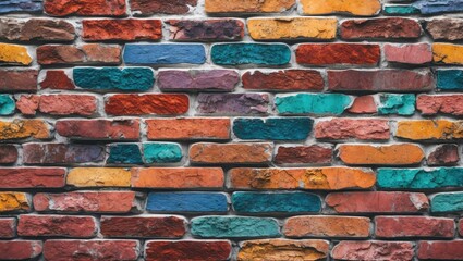 Aufkleber - Vibrant colored brick wall texture featuring a mix of rough, multicolored bricks ideal for creative backgrounds in design projects.