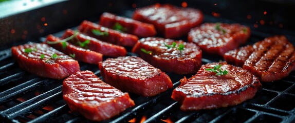 Poster - Grilled gourmet red meat slices garnished with herbs sizzling on a barbecue, showcasing a delectable culinary experience.