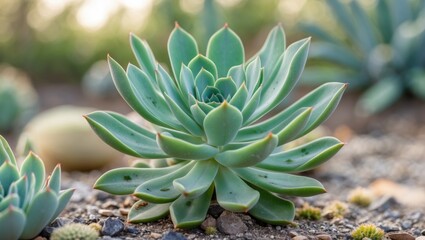 Aufkleber - Closeup of a vibrant green Haworthia succulent plant with a blurred garden background highlighting its unique texture and form.