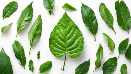 Poster - variety of fresh green leaves arranged on a white background with a large central leaf and smaller s