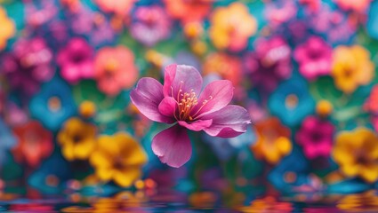 Aufkleber - Vibrant floral bokeh background with a single pink flower in focus against a colorful, blurred floral backdrop for artistic designs.