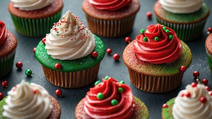 Aufkleber - Christmas themed cupcakes in vibrant colors with festive decorations arranged on a dark surface, perfect for holiday celebrations and desserts.