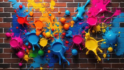 Poster - Colorful paint splashes on a textured brick wall background in a vibrant artistic display