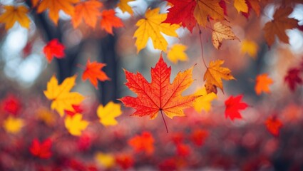 Poster - colorful autumn leaves in shades of red, orange, and yellow against a blurred natural background dep