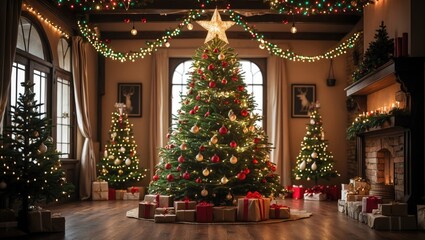 Poster - Festive Christmas scene with decorated tree, twinkling lights, gifts, and warm cozy atmosphere in a charming living room