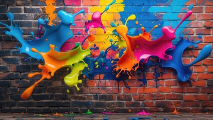 Poster - Colorful paint splashes on a textured brick wall in an artistic urban setting displaying vibrant tones of blue orange pink and green