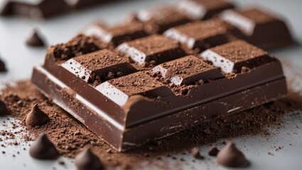Poster - Close up of a rich chocolate bar dusted with cocoa powder surrounded by chocolate chips on a textured surface.