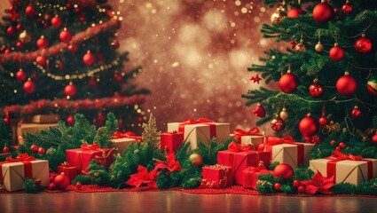 Aufkleber - Festive Christmas background featuring decorated trees and beautifully wrapped gifts in a warm, inviting atmosphere. Perfect for holiday themes.
