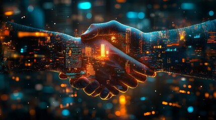 Fototapete - Double exposure of a strategic business agreement, featuring a handshake transforming into a vibrant metropolis, floating financial projections, holographic trading charts,