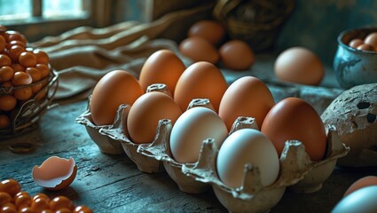 Aufkleber - Assorted eggs in a rustic setting with warm tones highlighting their natural beauty on a wooden table background.