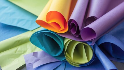Poster - Rolled colorful paper sheets in various hues arranged on a flat surface for creative projects and crafts