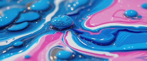 Poster - Colorful abstract close-up of oil and water with blue pink swirls and bubbles on textured surface