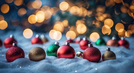 Aufkleber - Festive Christmas ornaments on snow with a warm bokeh background illuminating the holiday spirit in a cozy winter setting