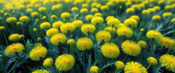 Wall Mural - Vibrant clusters of wild dandelion flowers blooming in a lush green field on a sunny day. Nature's beauty captured in full bloom.