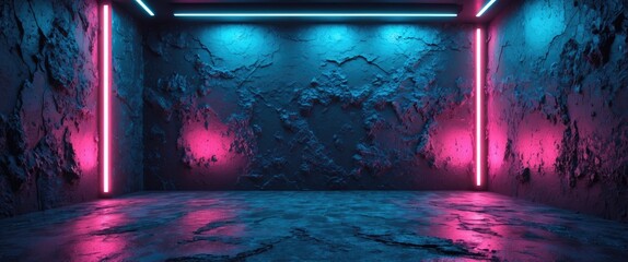 Poster - Neon illuminated grunge wall interior background with rough texture and vibrant blue pink lights creating a modern atmospheric setting.