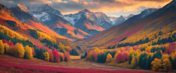 Poster - Breathtaking Autumn Landscape in Mountains with Vibrant Colors and Clear Sky Ideal for Nature-Themed Backgrounds and Promotions