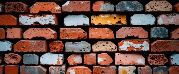 Poster - vibrant and weathered red and orange bricks with varying textures and colors arranged in a straight 