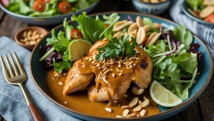 Aufkleber - Chicken Breast with Peanut Sauce Served on Fresh Salad Garnished with Nuts and Lime Slice on Natural Wooden Table