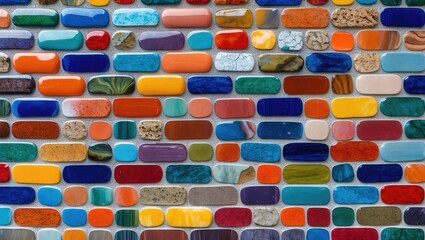 Aufkleber - Colorful mosaic wall design featuring a variety of vibrant tiles in an artistic arrangement ideal for interior decoration concepts.