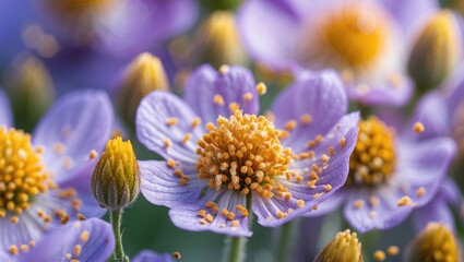 Aufkleber - Close up macro of vibrant purple flowers showcasing detailed pollen and delicate petals in a natural outdoor environment