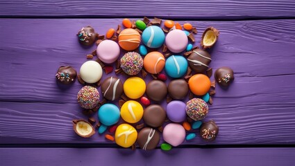 Aufkleber - Colorful chocolate coated candies arranged on a purple wooden background with ample copy space for marketing or advertising purposes.