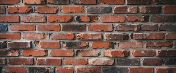 Poster - red brick wall background with uneven surface texture and various shades of brick color and mortar d