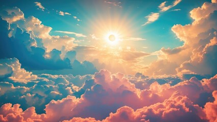 Aufkleber - vibrant sunset with sun rays piercing through fluffy clouds in a serene sky atmosphere