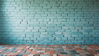 Poster - textured blue brick wall with a patterned floor of red and blue bricks in a spacious indoor setting.