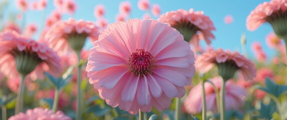 Aufkleber - Close up of light pink Zinnia elegans flower surrounded by vibrant nature showcasing colorful garden beauty in soft sunlight.