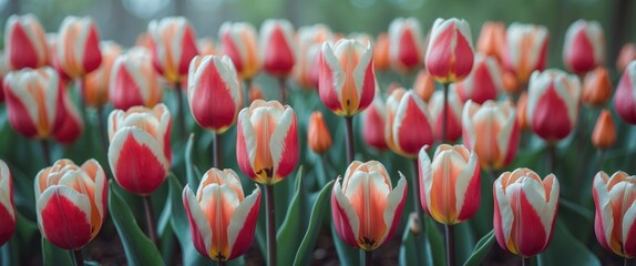 Aufkleber - Colorful tulip flowers in bloom with vibrant red and white petals in a lush garden setting with natural light. Copy Space
