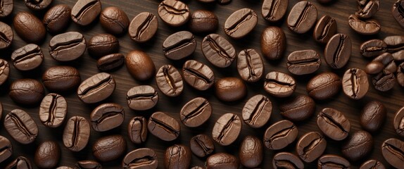 Aufkleber - Close-up of roasted coffee beans scattered on a dark wooden table showcasing rich brown hues and distinct texture details.