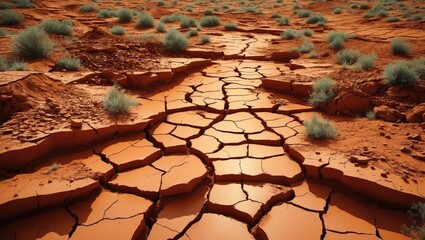 Poster - Drought affected landscape showcasing cracked earth and resilient vegetation illustrating climate change and environmental stress.