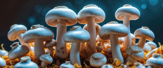 Aufkleber - Closeup of fresh white champignon mushrooms on natural substrate with soft lighting and blurred background for culinary and food themes