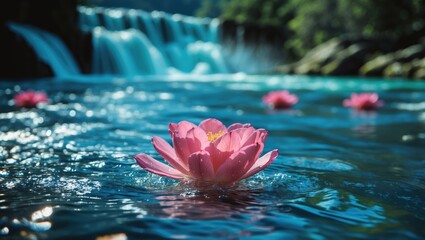 Canvas Print - Water lily in serene river setting with cascading waterfall in background, showcasing nature's beauty and tranquility.