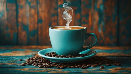 Poster - Steaming coffee cup on a wooden table with scattered coffee beans creating a warm and inviting atmosphere.