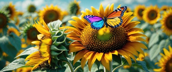 Poster - Closeup of vibrant sunflower with a colorful butterfly perched on petals in a sunny Central European summer landscape.